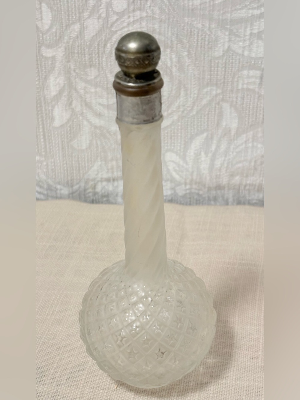 Frosted White Decorative Glass Bottle with Silver-Tone Stopper Art Deco